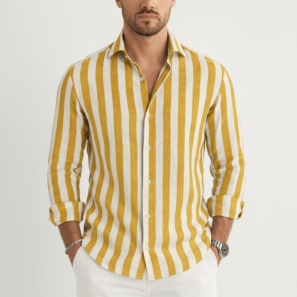Koszula męska w paski zapinana na guziki z długim rękawem - materiał oddychający