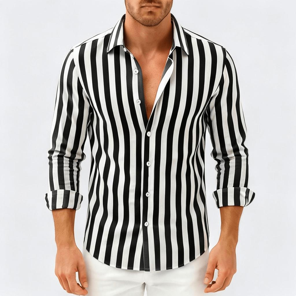 Koszula męska w paski zapinana na guziki z długim rękawem - materiał oddychający