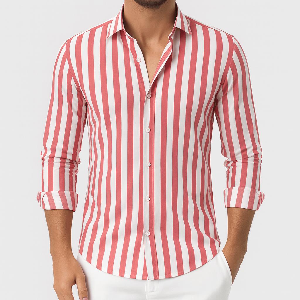 Koszula męska w paski zapinana na guziki z długim rękawem - materiał oddychający