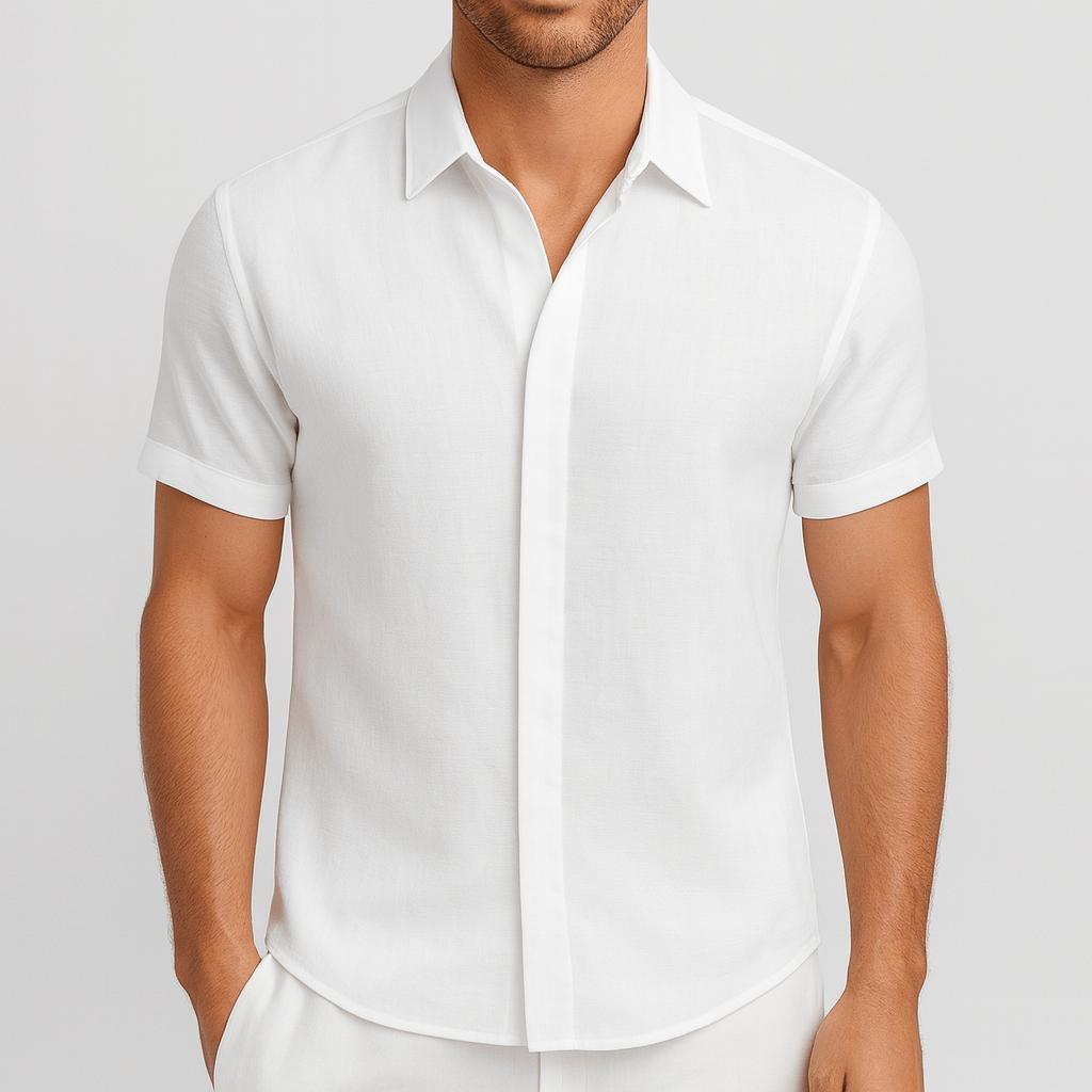 Koszula męska z krótkim rękawem z mieszanki lnu i zapięciem na guziki – luźny krój