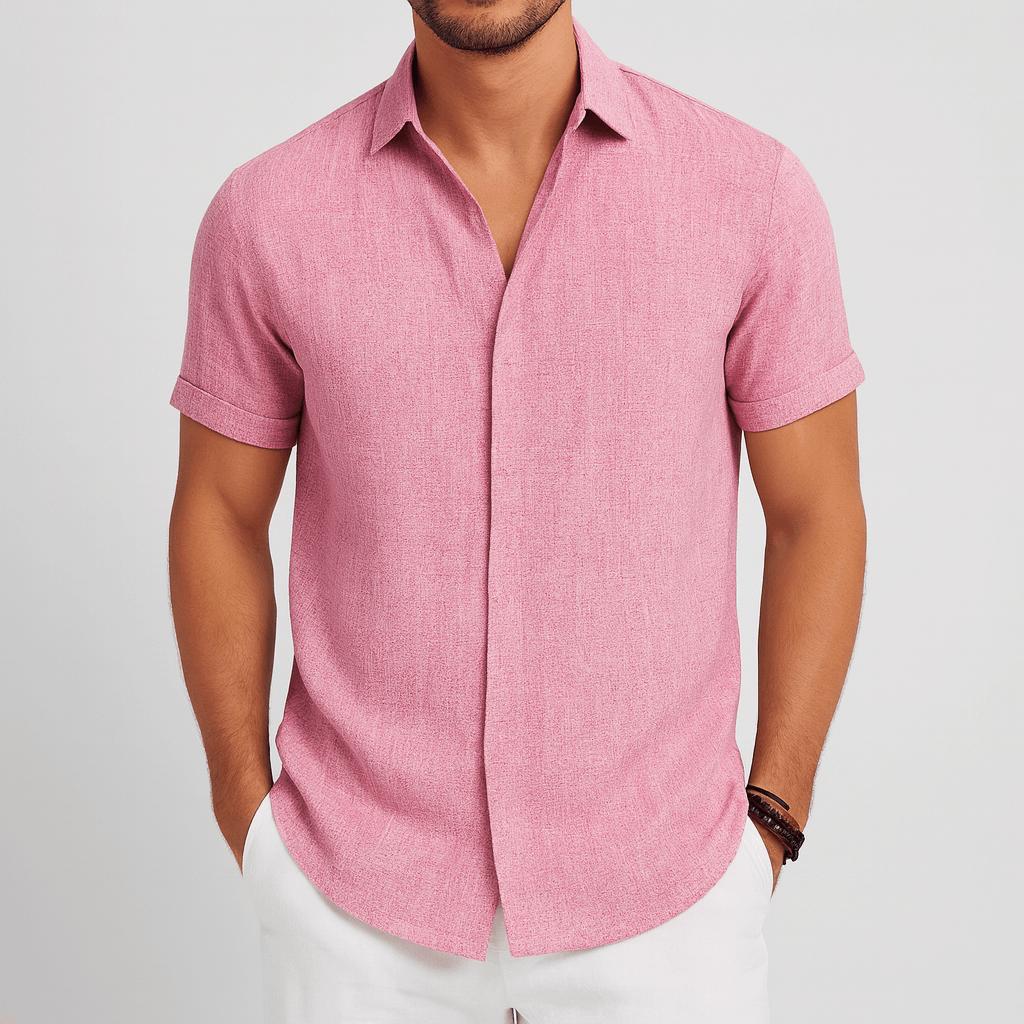 Koszula męska z krótkim rękawem z mieszanki lnu i zapięciem na guziki – luźny krój