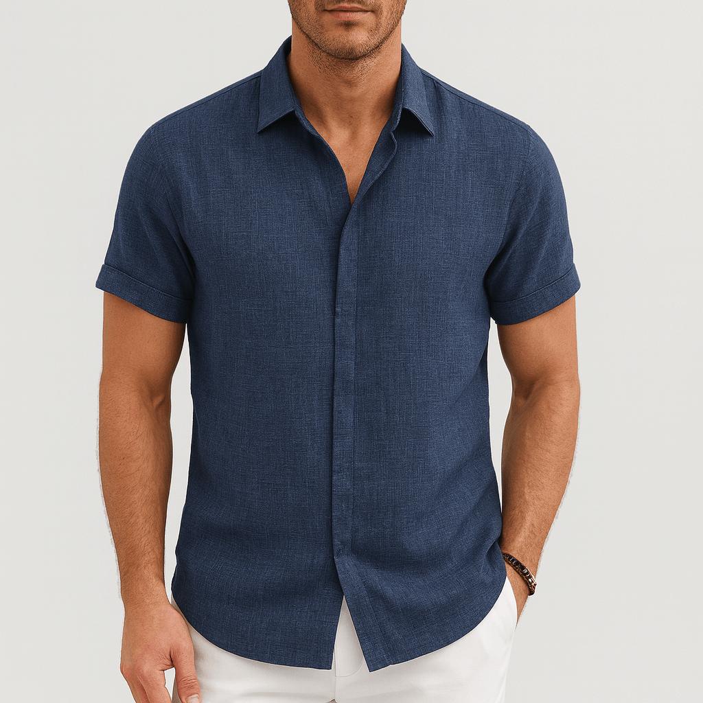 Koszula męska z krótkim rękawem z mieszanki lnu i zapięciem na guziki – luźny krój