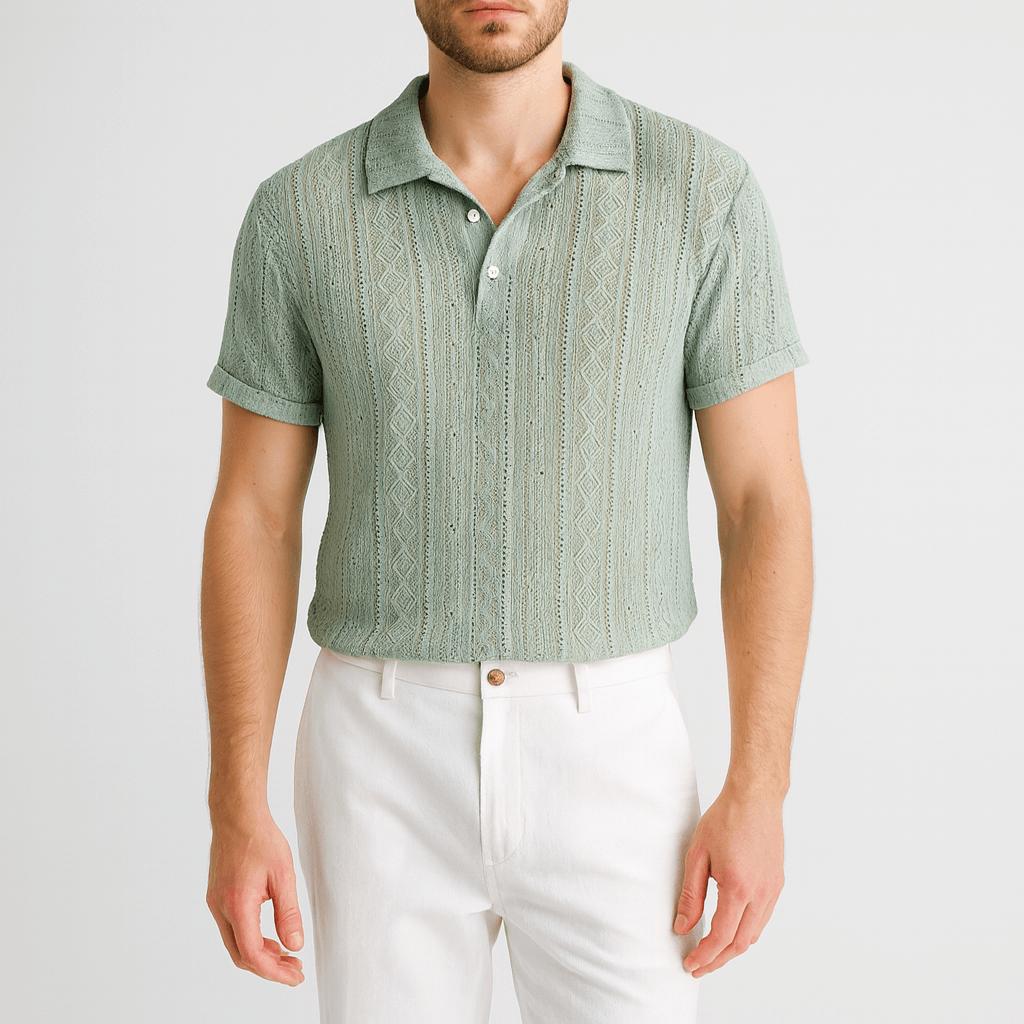 Koszula z ażurowym wzorem, zapinana na guziki i proste spodnie zestawy