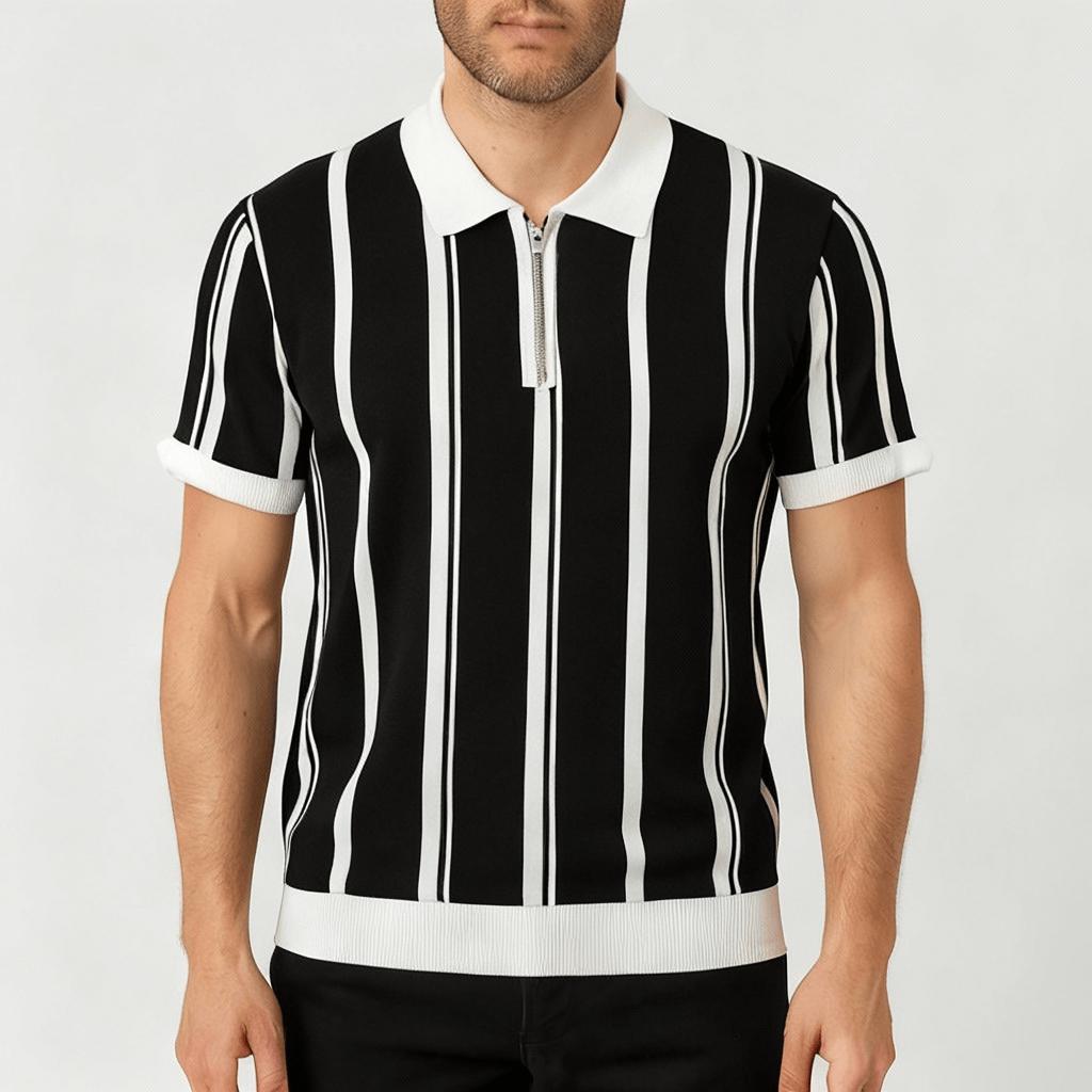 Koszulka polo z dzianiny z suwakiem do połowy i paskami retro