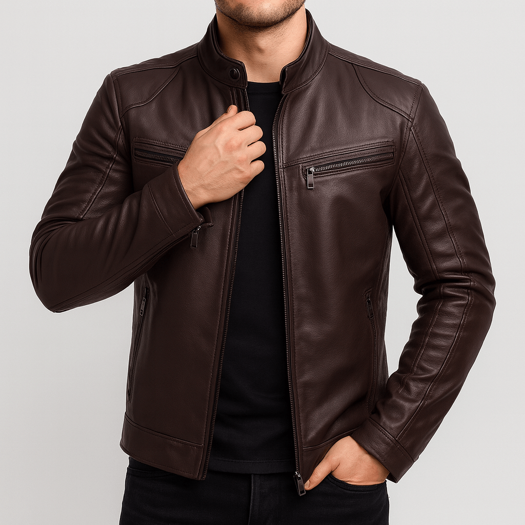 Kurtka skórzana w stylu motocyklowym ze stójką – wytrzymała odzież męska