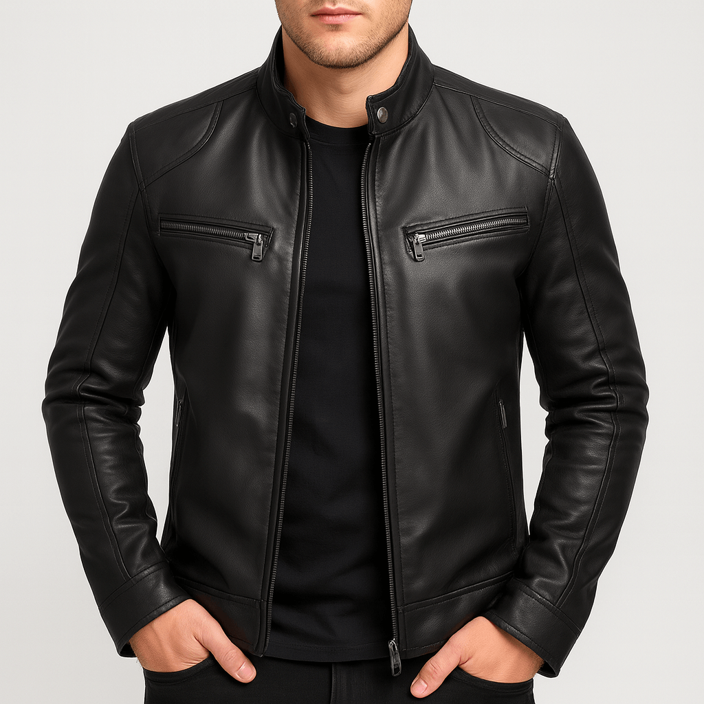 Kurtka skórzana w stylu motocyklowym ze stójką – wytrzymała odzież męska