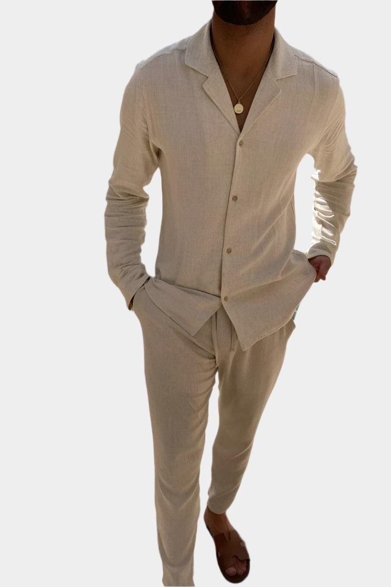 Lekki lniany kompletny zestawy letni dla mężczyzn - luźny fason zapinany na guziki