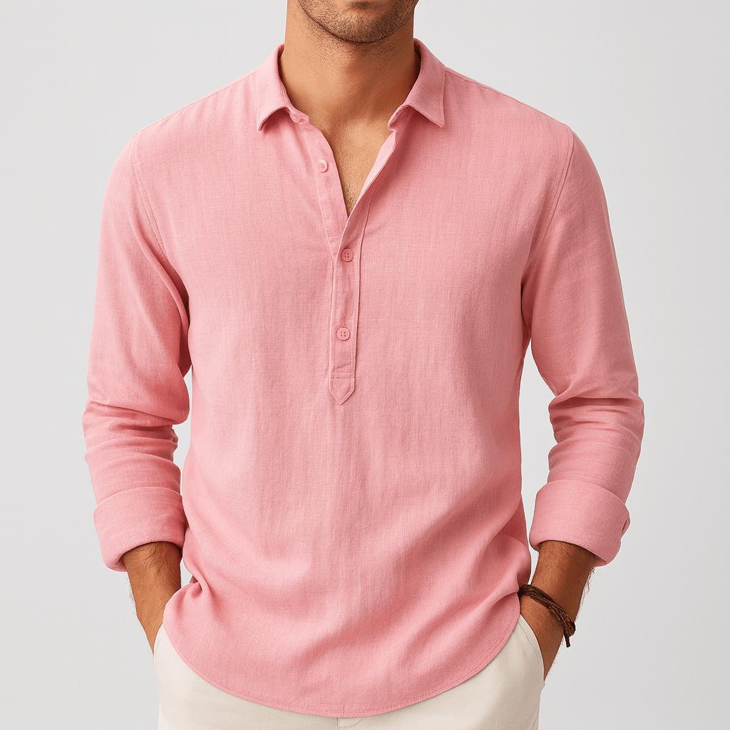 Luźna letnia koszula lniana z klasycznym kołnierzykiem i listwą guzikową