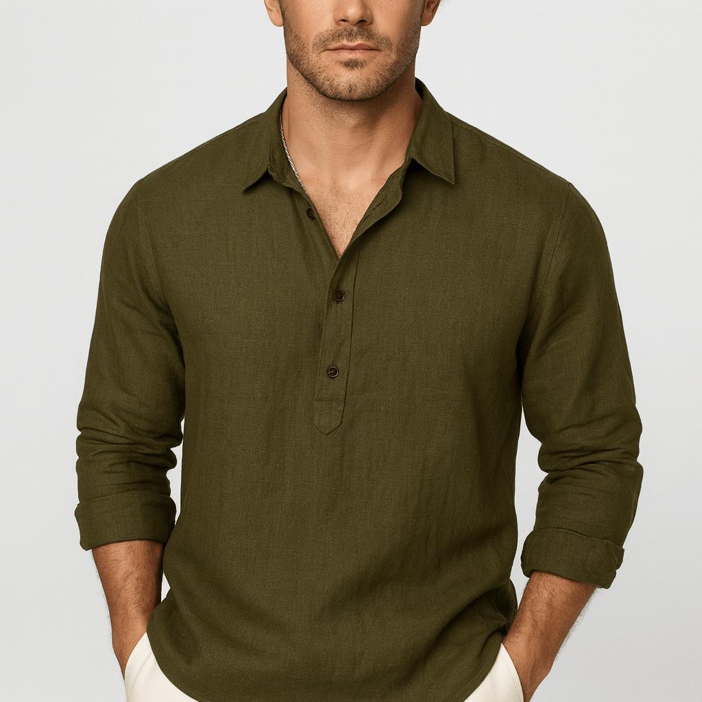 Luźna letnia koszula lniana z klasycznym kołnierzykiem i listwą guzikową