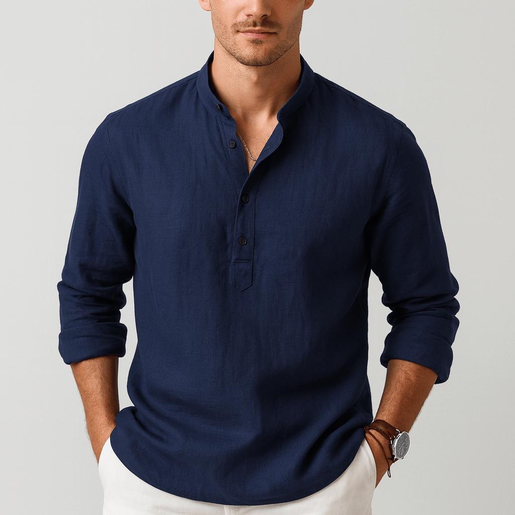 Luźna letnia koszula lniana z klasycznym kołnierzykiem i listwą guzikową