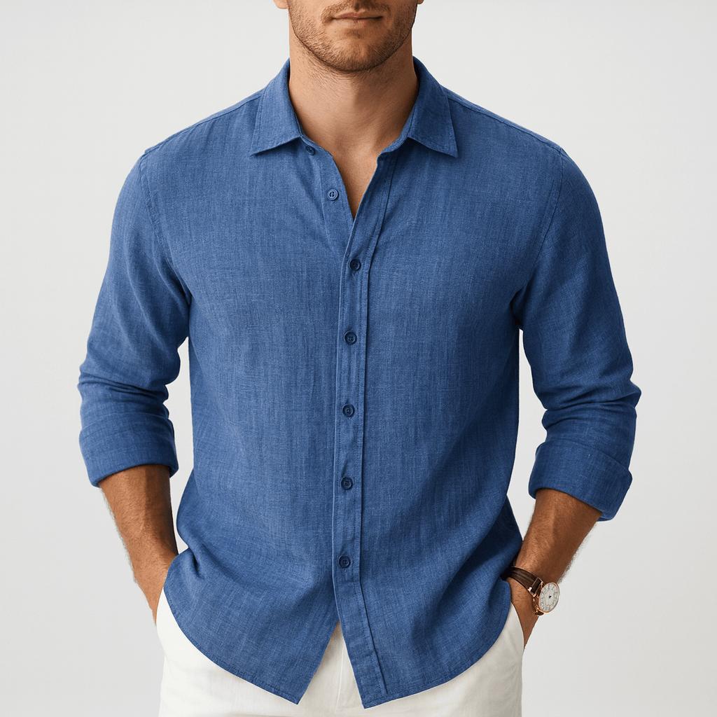 Luźna letnia koszula lniana z klasycznym kołnierzykiem i listwą guzikową