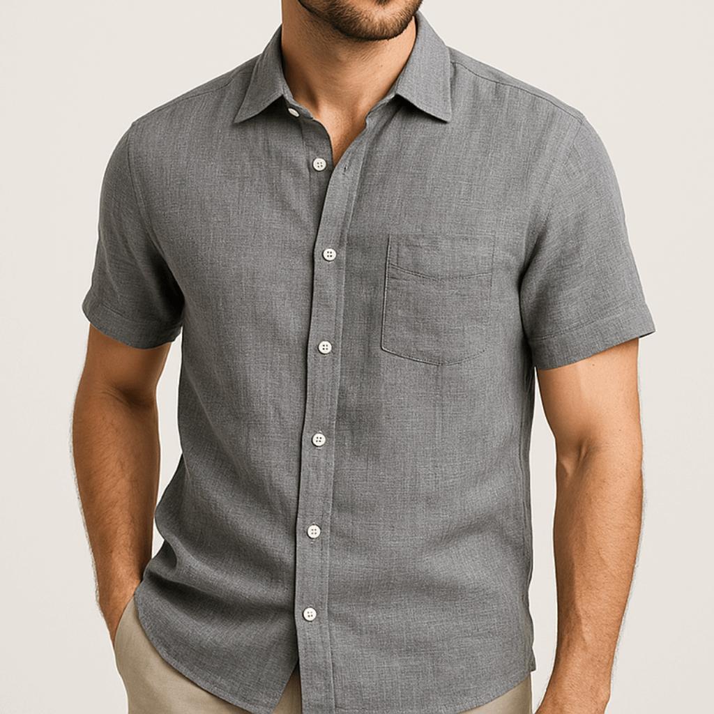 Luźna letnia koszula lniana z klasycznym kołnierzykiem i listwą guzikową
