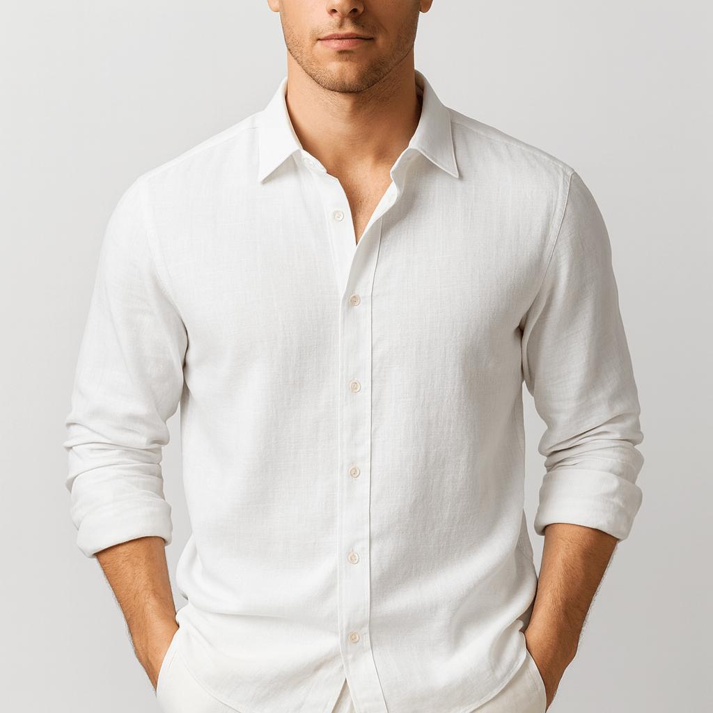 Luźna letnia koszula lniana z klasycznym kołnierzykiem i listwą guzikową