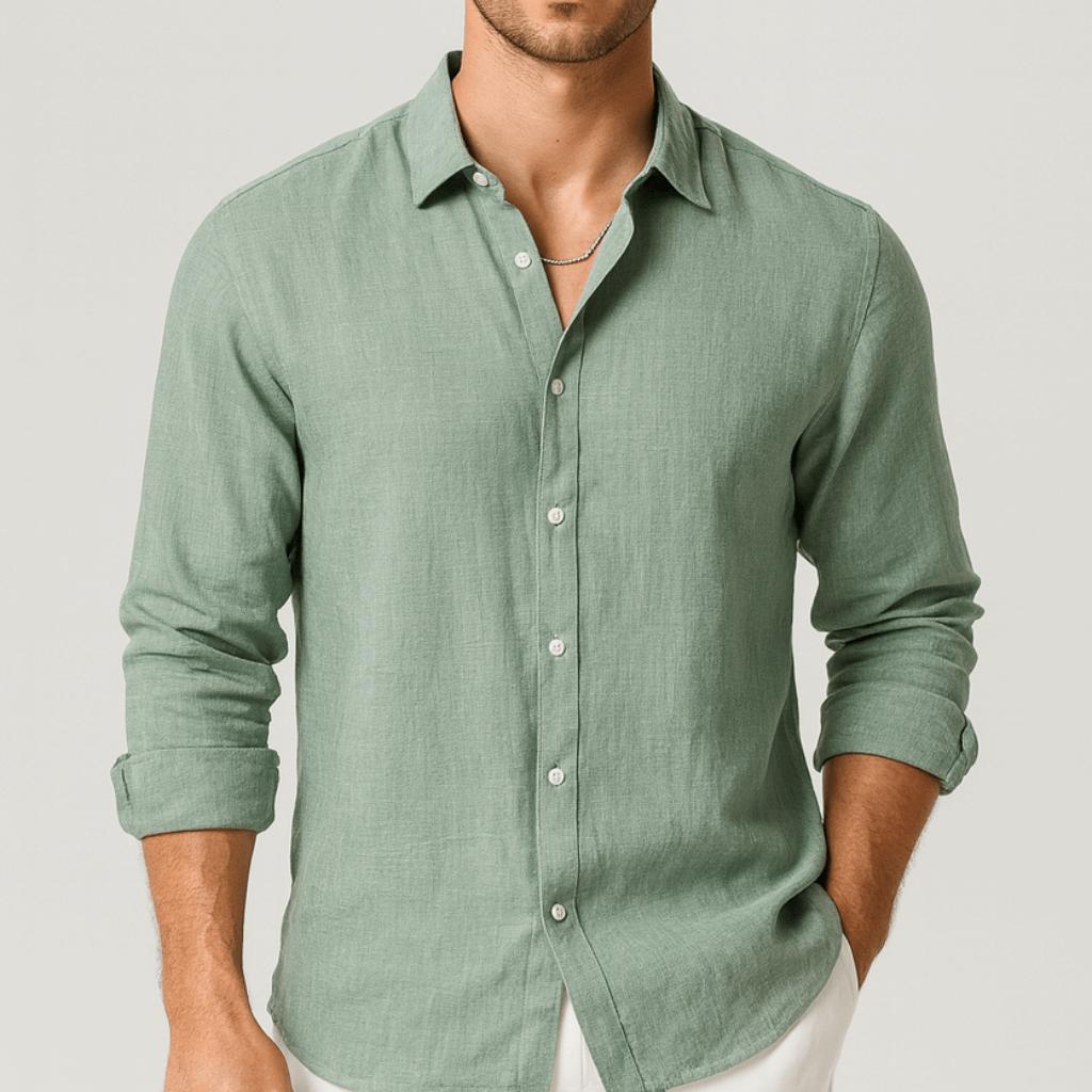 Luźna letnia koszula lniana z klasycznym kołnierzykiem i listwą guzikową