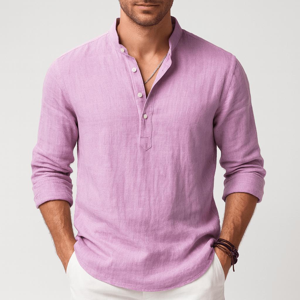 Luźna letnia koszula lniana z klasycznym kołnierzykiem i listwą guzikową