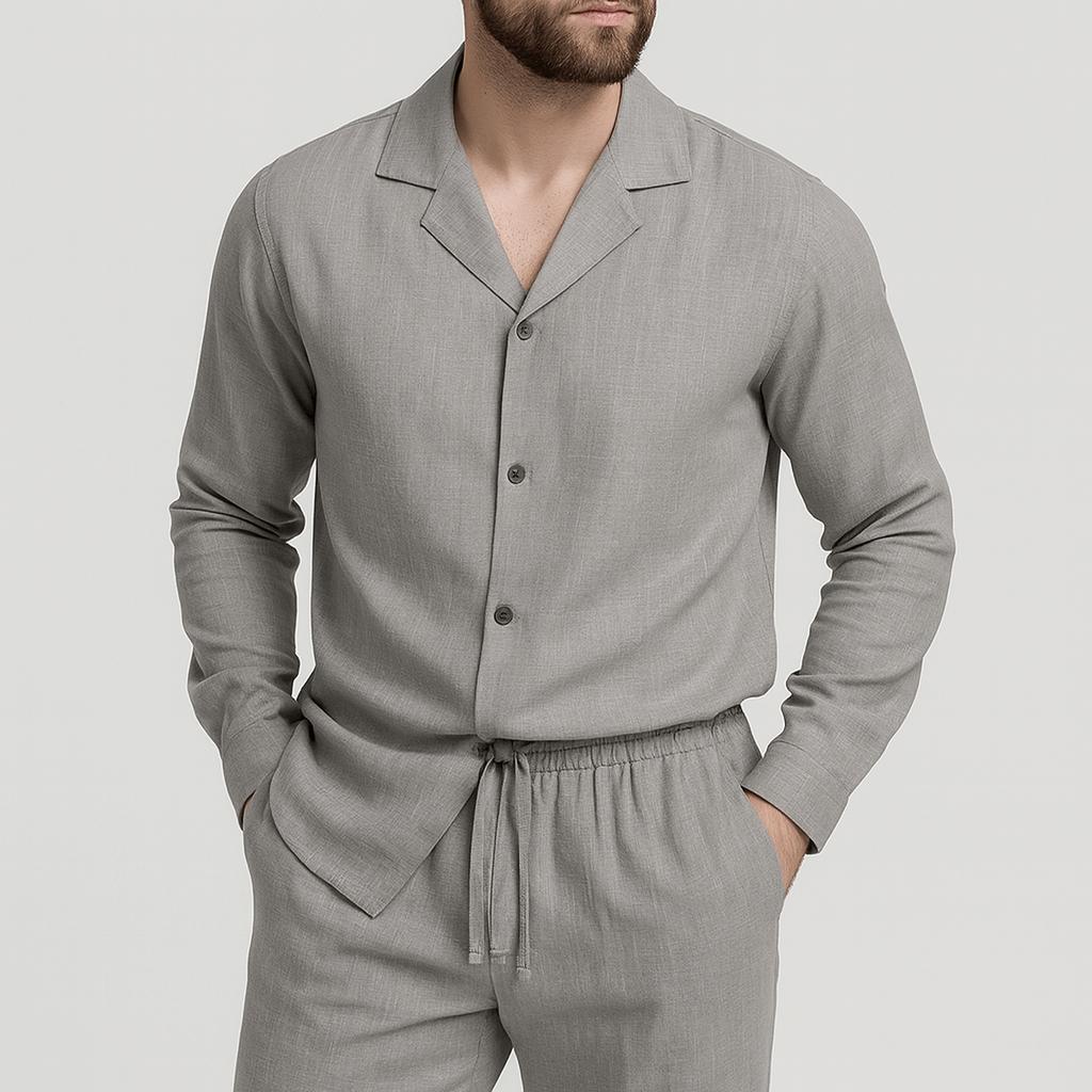 Luźny zestawy wypoczynkowy z lnu – koszula zapinana na guziki i spodnie ze ściągaczem