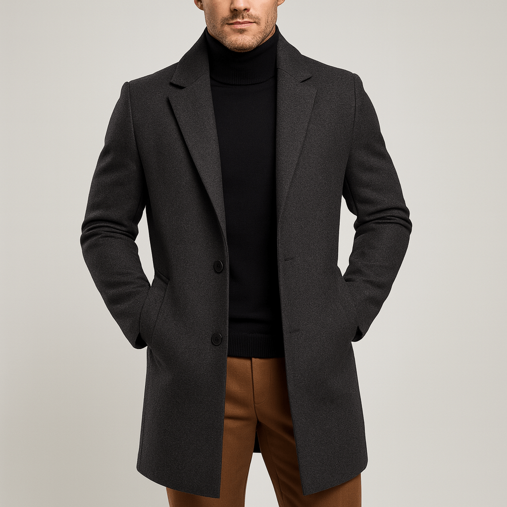 Elegancki płaszcz z kołnierzem stojącym, regulowany pasek, praktyczne kieszenie