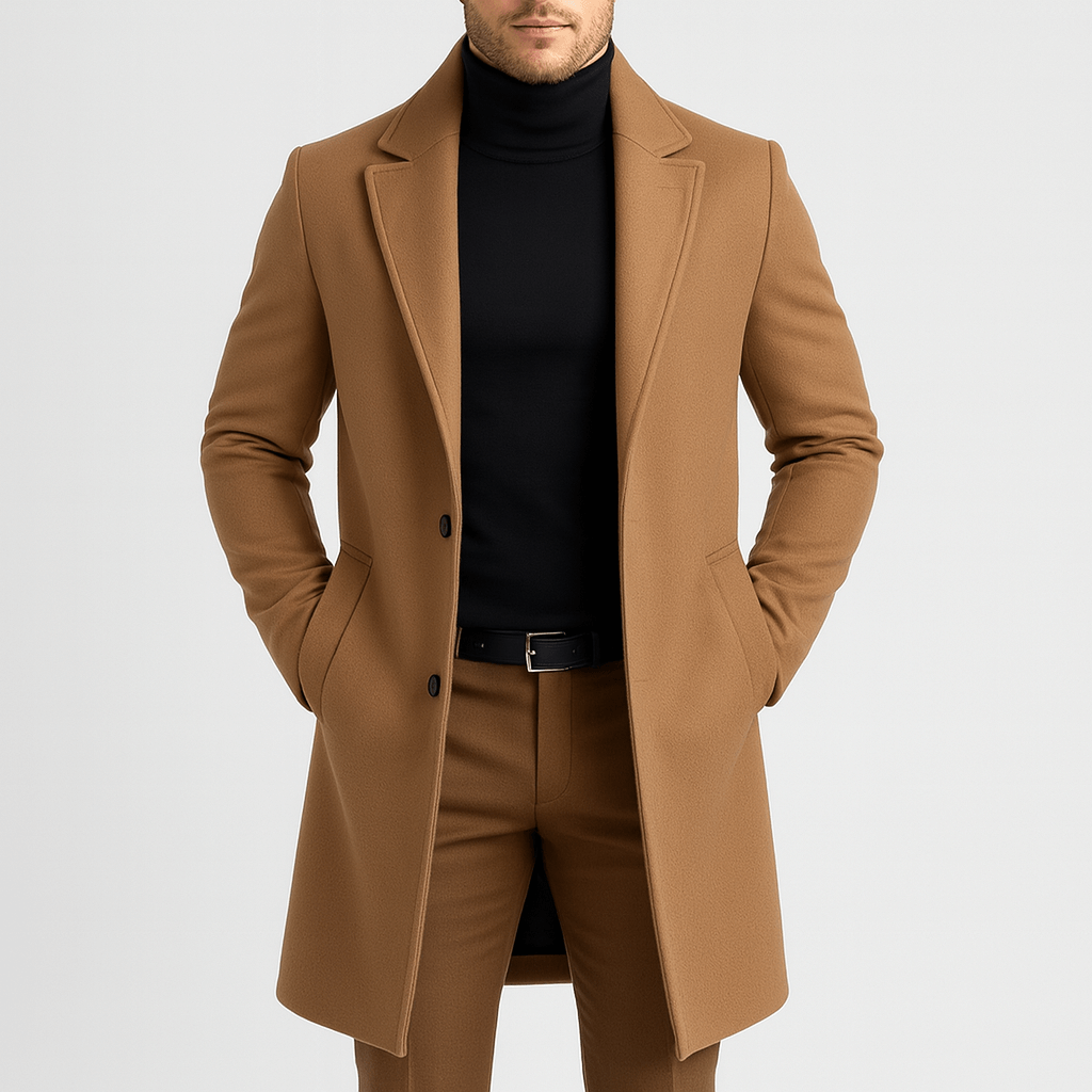 Elegancki płaszcz z kołnierzem stojącym, regulowany pasek, praktyczne kieszenie