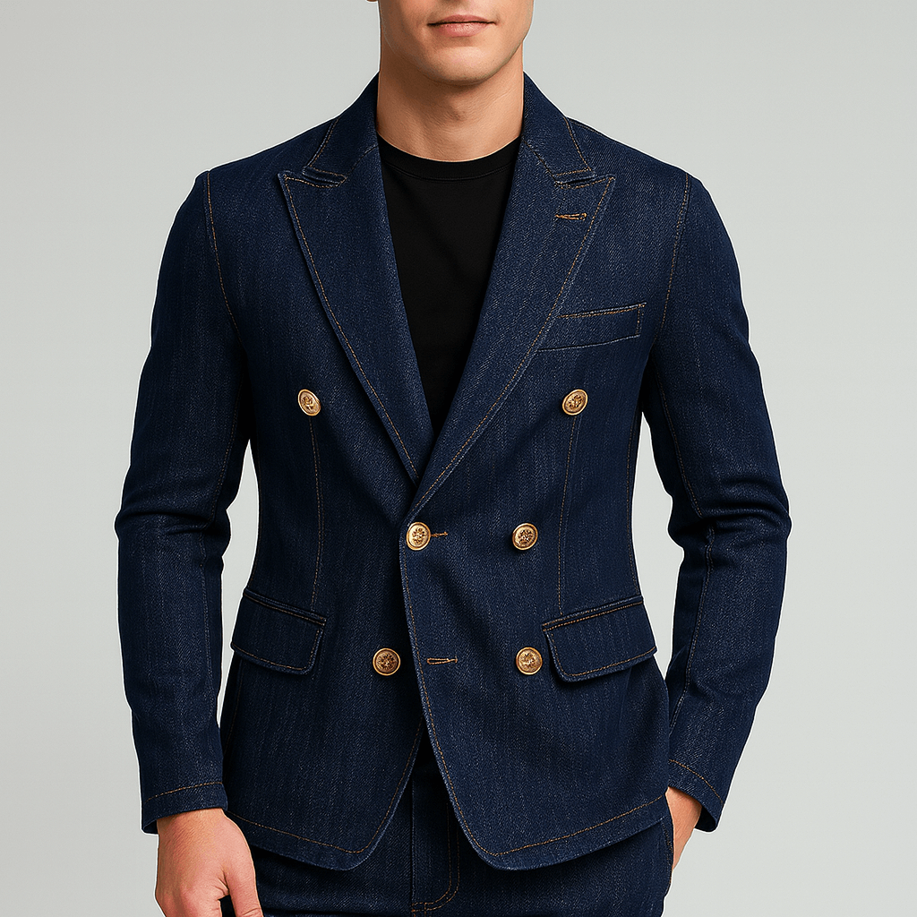 Granatowa dwurzędowa marynarka dżinsowa