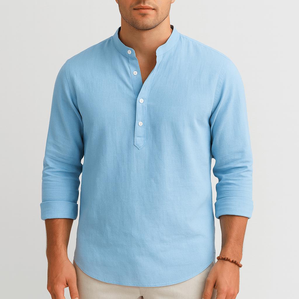 Oddychająca lniana koszula ze stójką i zapięciem na guziki – męska koszula letnia