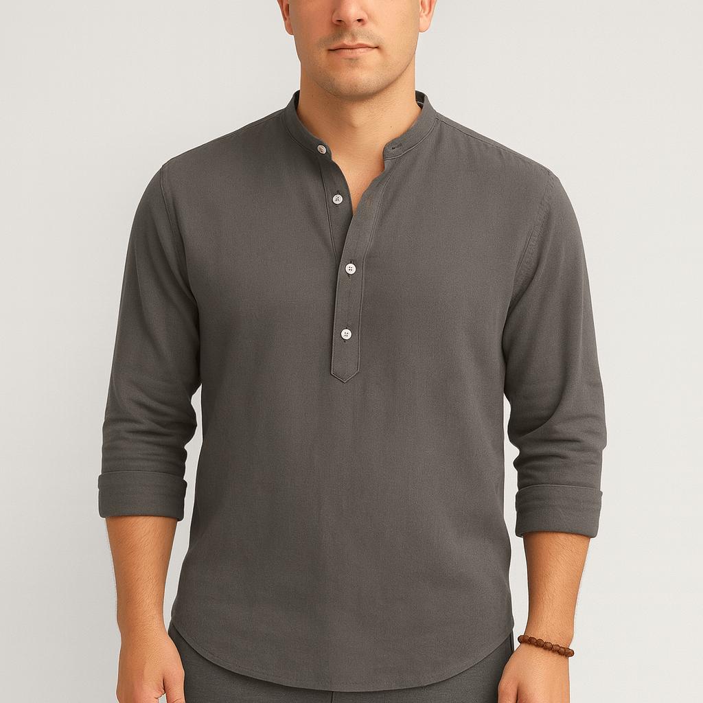 Oddychająca lniana koszula ze stójką i zapięciem na guziki – męska koszula letnia