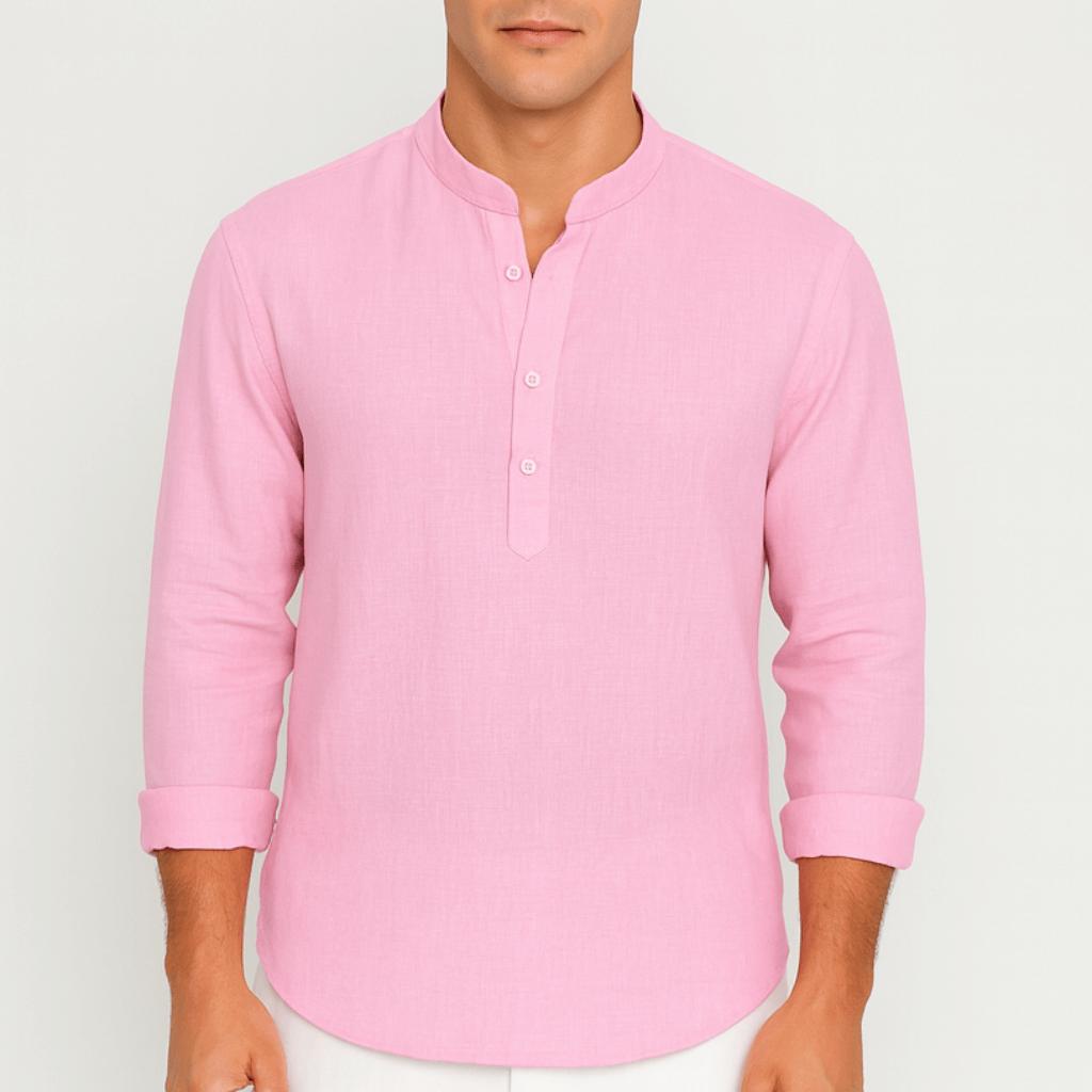 Oddychająca lniana koszula ze stójką i zapięciem na guziki – męska koszula letnia