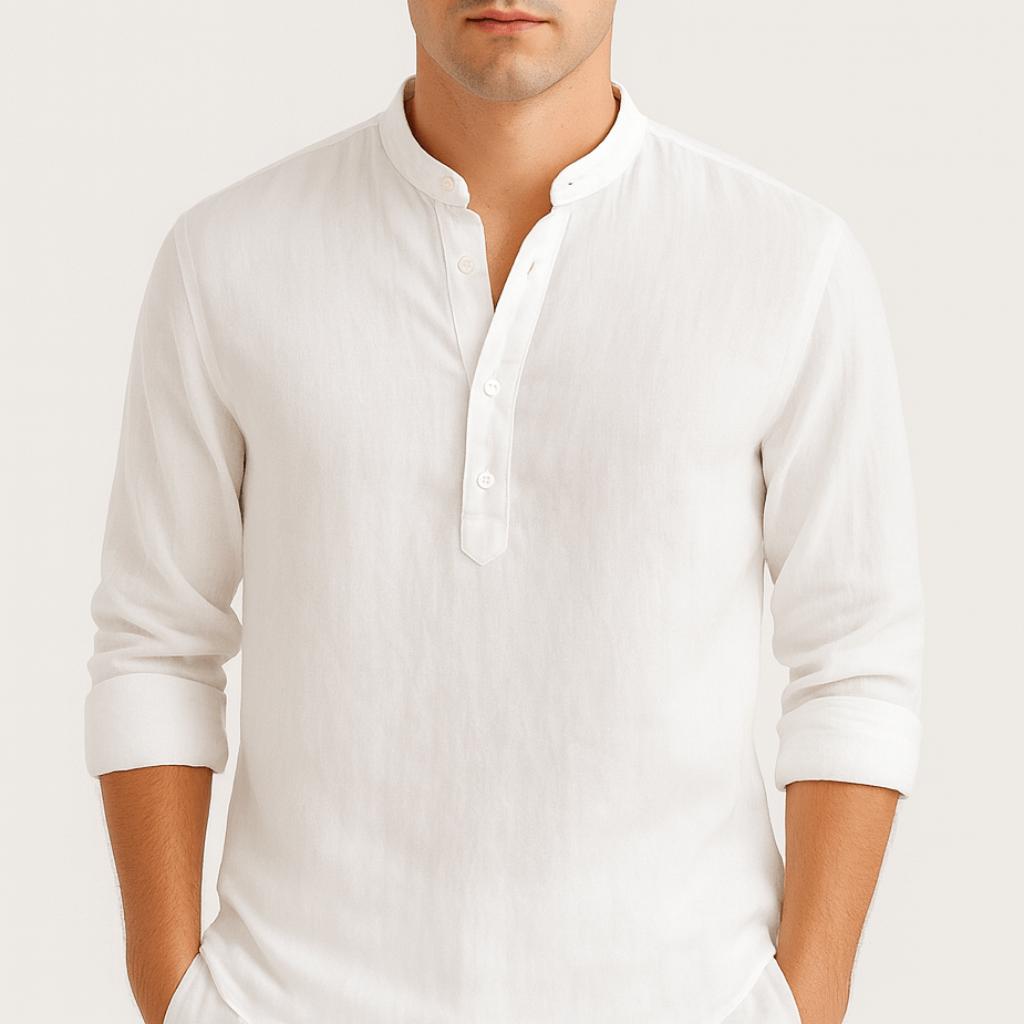 Oddychająca lniana koszula ze stójką i zapięciem na guziki – męska koszula letnia