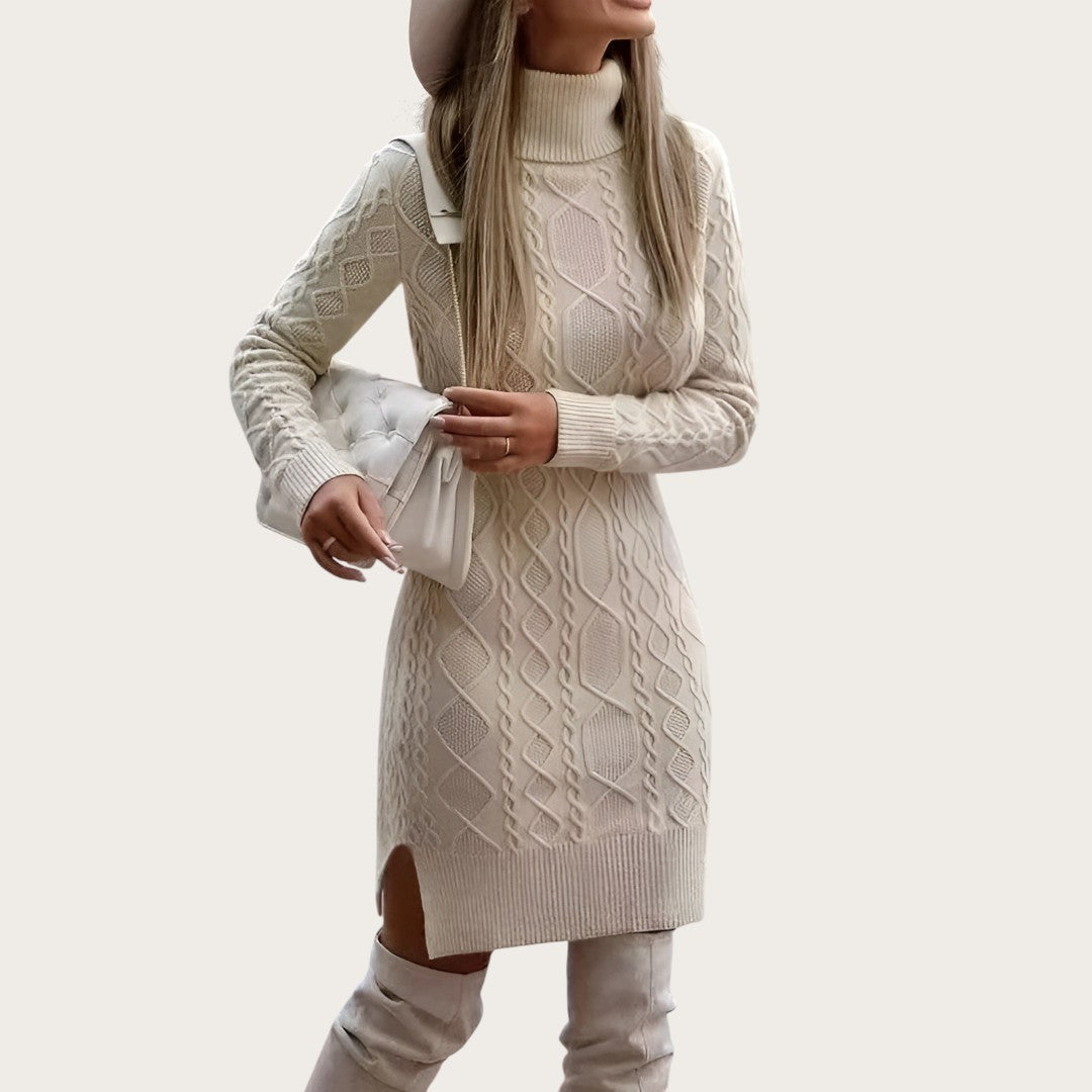 Damska Dzianinowa Sukienka Z Wysokim Kołnierzem | Zima