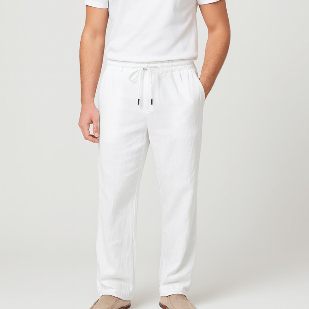 Spodnie lniane o luźnym kroju z regulowanym ściągaczem i kieszeniami dla mężczyzn