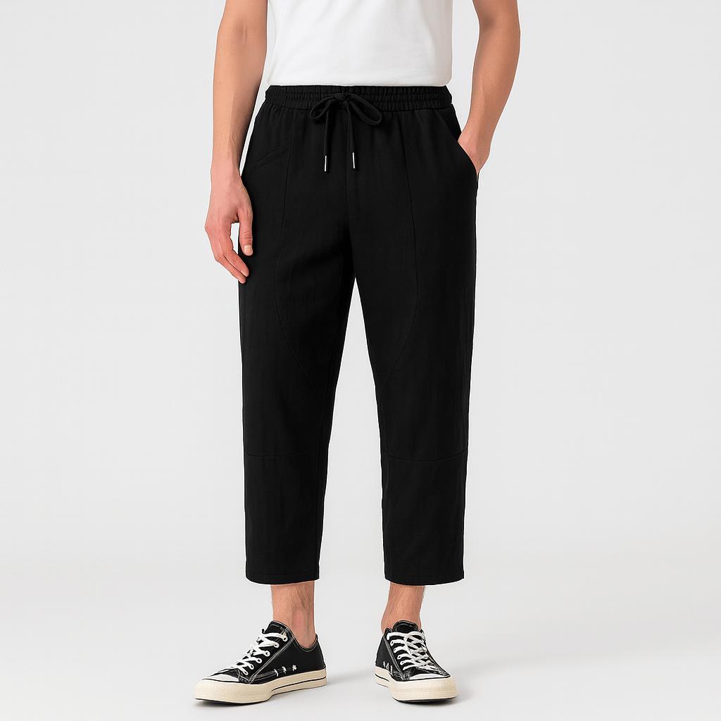 Spodnie skrócone z lnu i bawełny, zwężane, z regulowanym ściągaczem dla mężczyzn