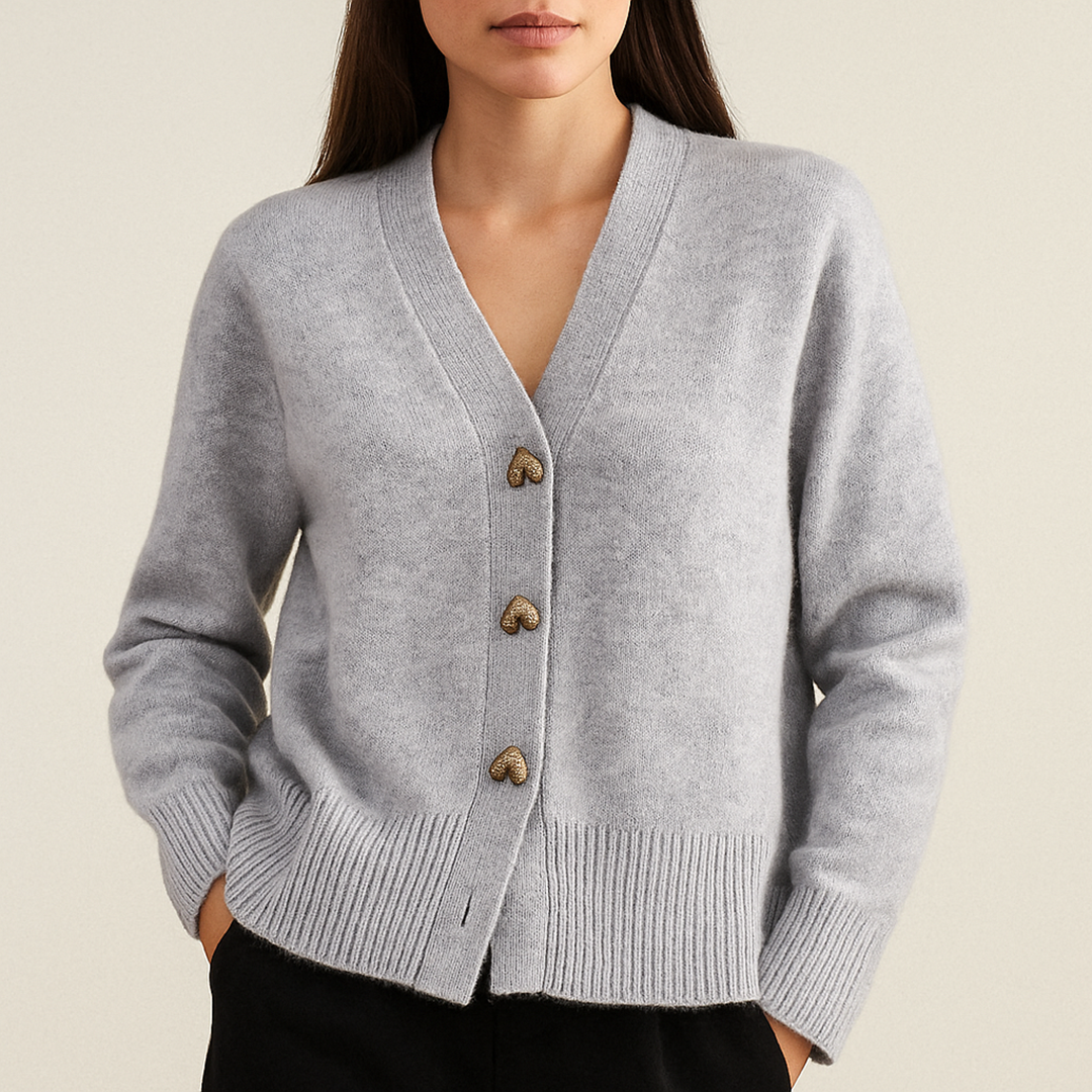 Damski Zimowy Kardigan | Złote Guziki W Kształcie Serca