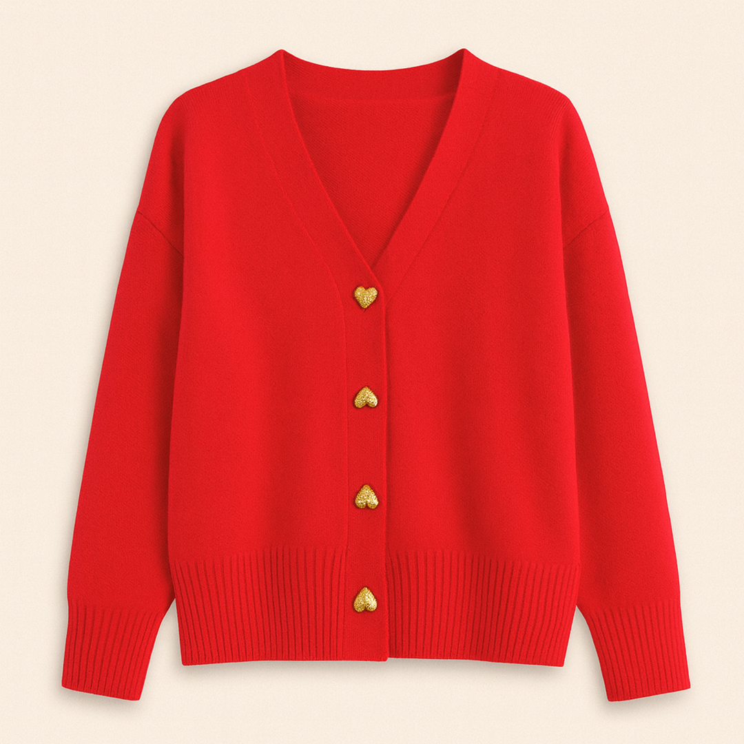 Damski Zimowy Kardigan | Złote Guziki W Kształcie Serca